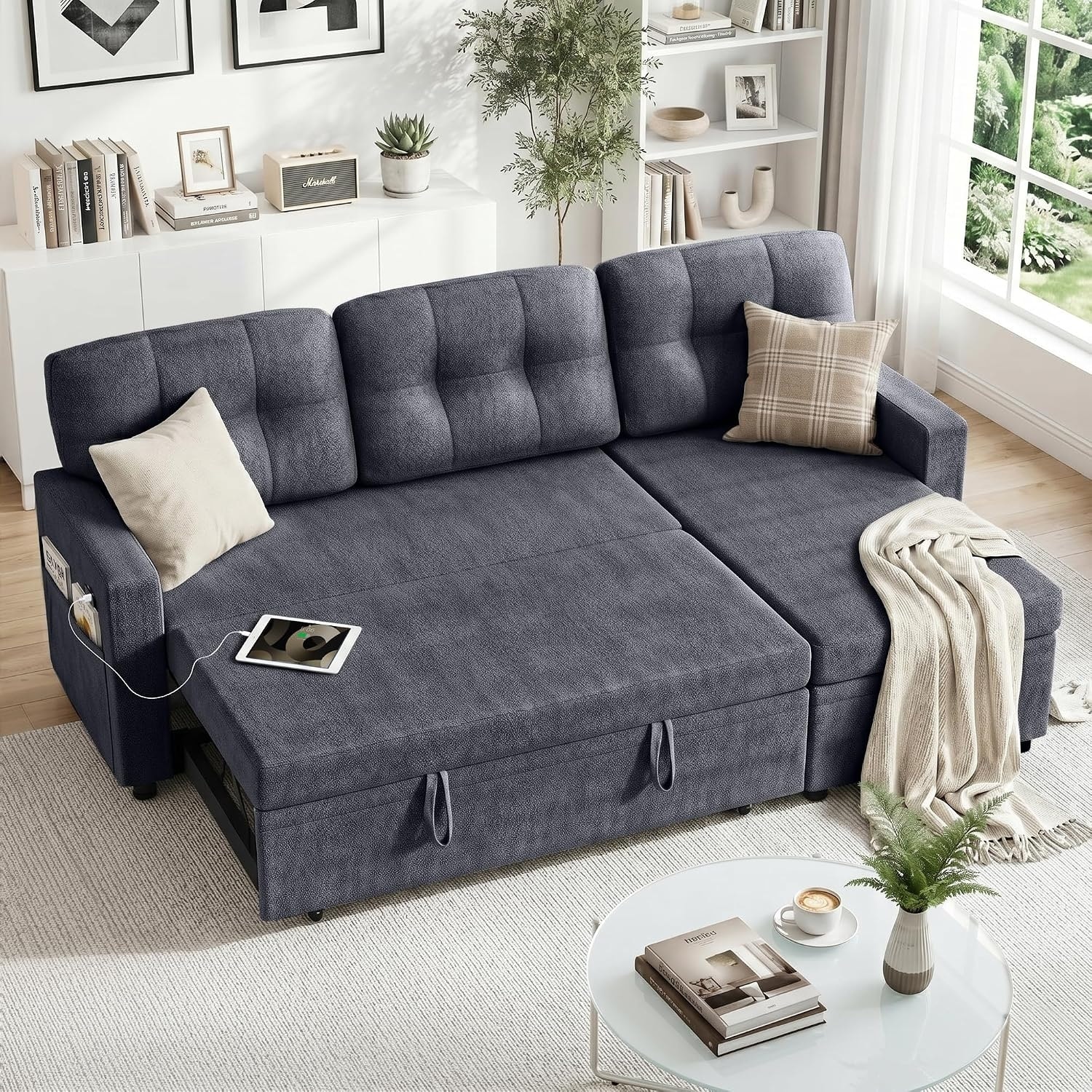 82" L Shaped Sectional Sleeper Sofa with USB Charging Ports,3-Seater Pull Out Couch Bed with Storage Chaise