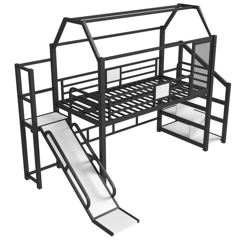 Fun Play House-shaped Loft Bed Metal Bed Frame with Grid and Shelves