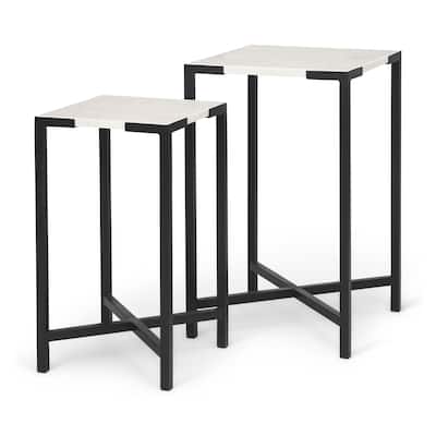 Lucas III White Marble Top With Black Iron Frame Accent Tables - Large: 15 x 15 x 24" , Small: 12 x 12 x 22"