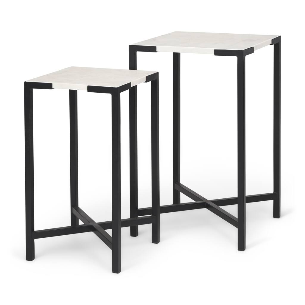 Lucas III White Marble Top With Black Iron Frame Accent Tables - Large: 15 x 15 x 24" , Small: 12 x 12 x 22"