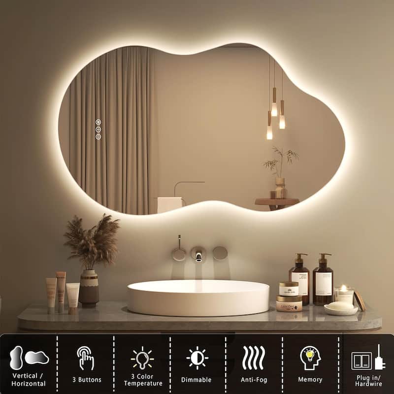 KIOTEE Frameless Irregular LED Anti-Fog Bathroom Vanity Mirror, Asymmetrical Backlit Wall Mirror