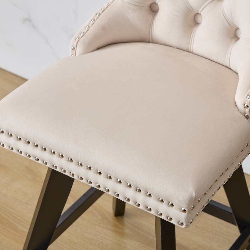 Swivel Bar Stools Set of 2, Velvet Counter Height Barstools with Wooden Legs, Kitchen Island Chairs with Button Backrest