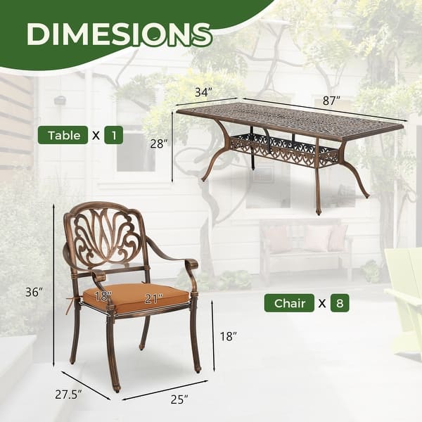 dimension image slide 0 of 2, 9-Piece Outdoor Dining Set with 1 Table + 8 Chairs, All-Weather Aluminum Outdoor Patio Sets for Patio, Backyard, Garden