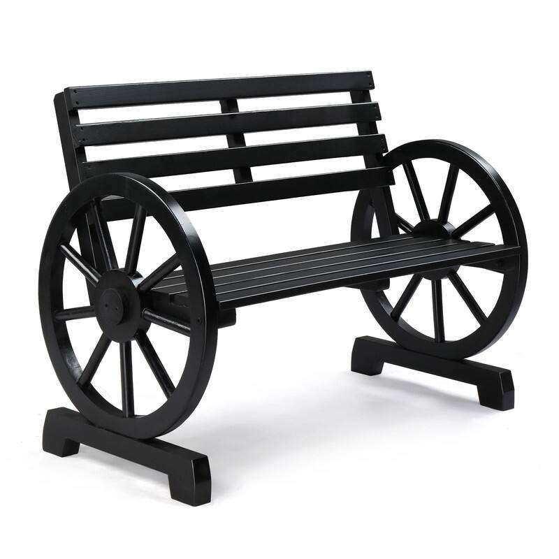 Outdoor Wooden Wagon Wheel Bench with Slatted Seat and Backrest