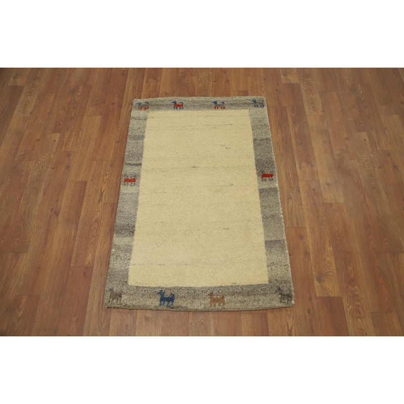 Hand Knotted Oriental 100% Wool Carpet Tribal Animal Pictorial Beige & Ivories Gabbeh Area Rug - 3' 1'' X 2' 0''