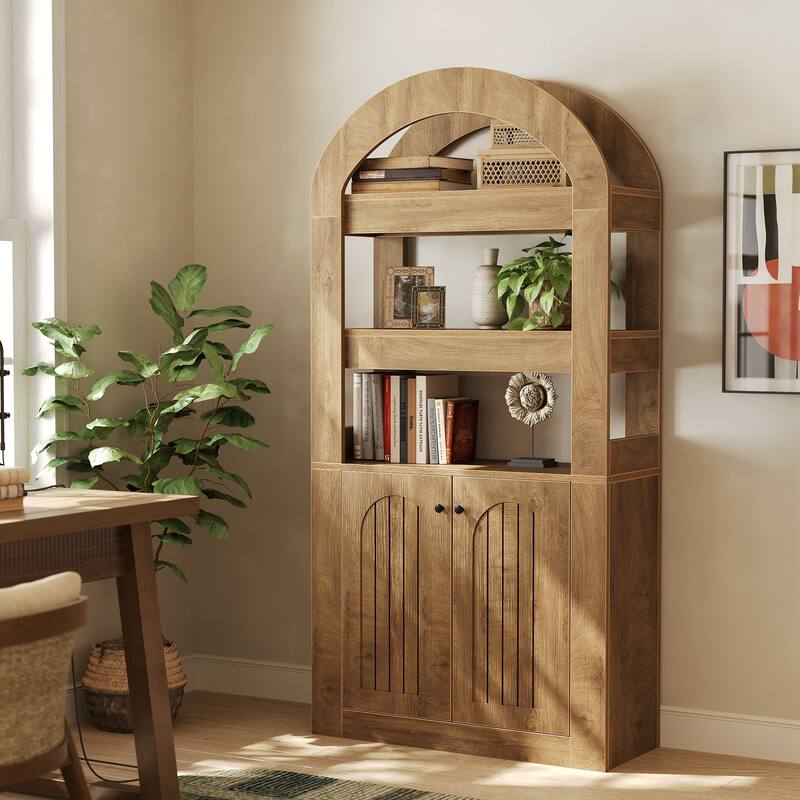 Arched Bookshelf Bookcase with 3-Tier Shelves and a Spacious Cabinet - Brown