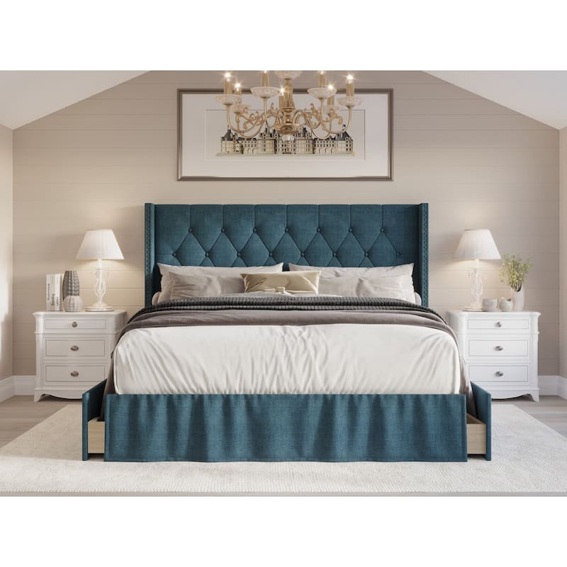 Andrea Tufted Upholstered Storage Panel Bed - Denim Blue - Queen