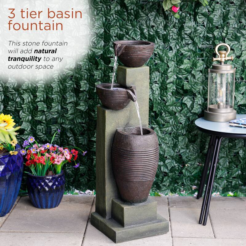 32" 3-Tier Fountain w/ LED, Cascading Garden Feature, Gray