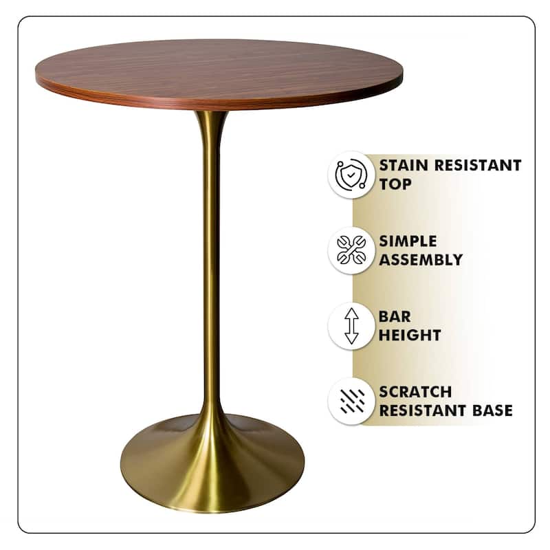 LeisureMod Verve 27" Round Dining Table with MDF Wood TableTop and Brushed Gold Base for Kitchen & Dining Room