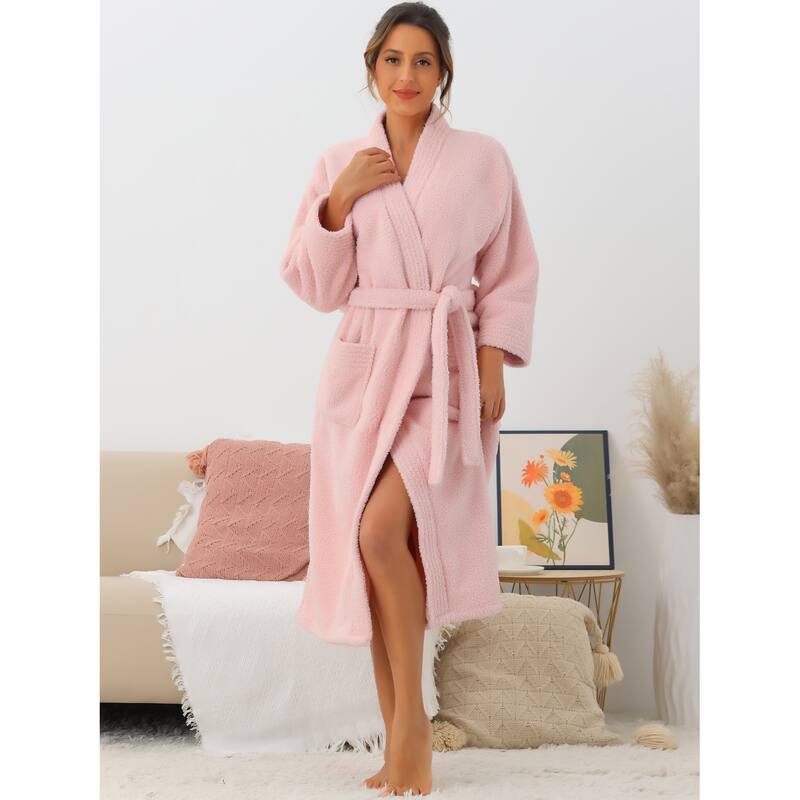 Women's Fluffy Fleece Robe Long Sleeve Thick Plush Self Tie Long Bathrobe - Pink - L