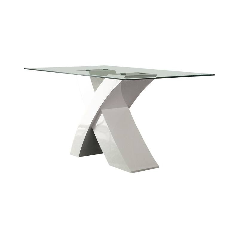 Glass Top Dining Table With X Shape Wooden Base, White and Clear