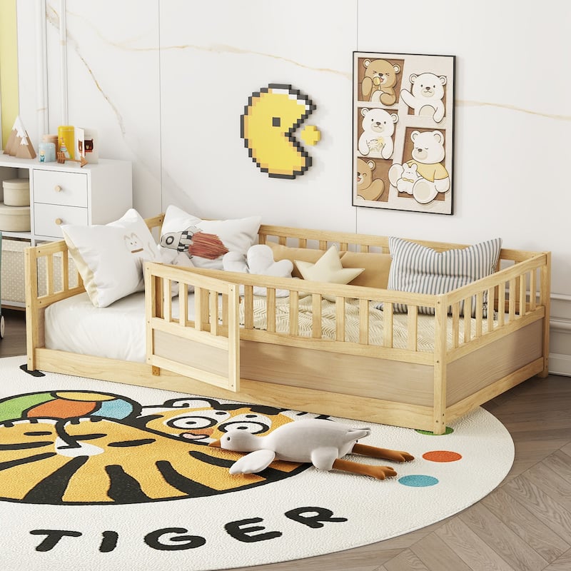 Children's Twin Floor Bed with High Fence, Pinewood French Bed, Safe Play Area, and Mattress Support