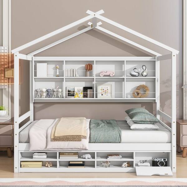 slide 2 of 19, Full House Bed with Roof Frame and Under Bed Storage Unit White
