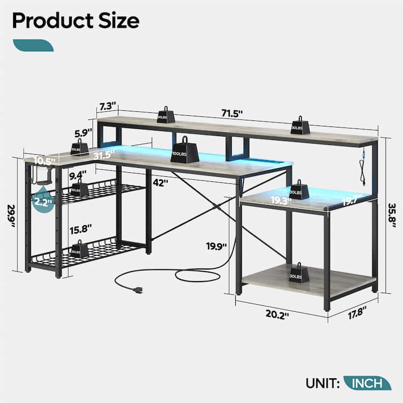 Bestier 71.5“” Computer Desk with Power Outlets, L Shaped LED Home Office Desk with Long Monitor Stand and Cup Holder & Hooks