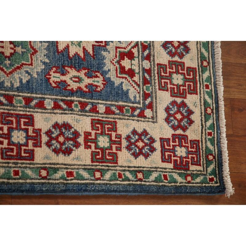 Blue Geometric Kazak Runner Rug Handmade Oriental Wool Carpet - 2'8" x 12'7"