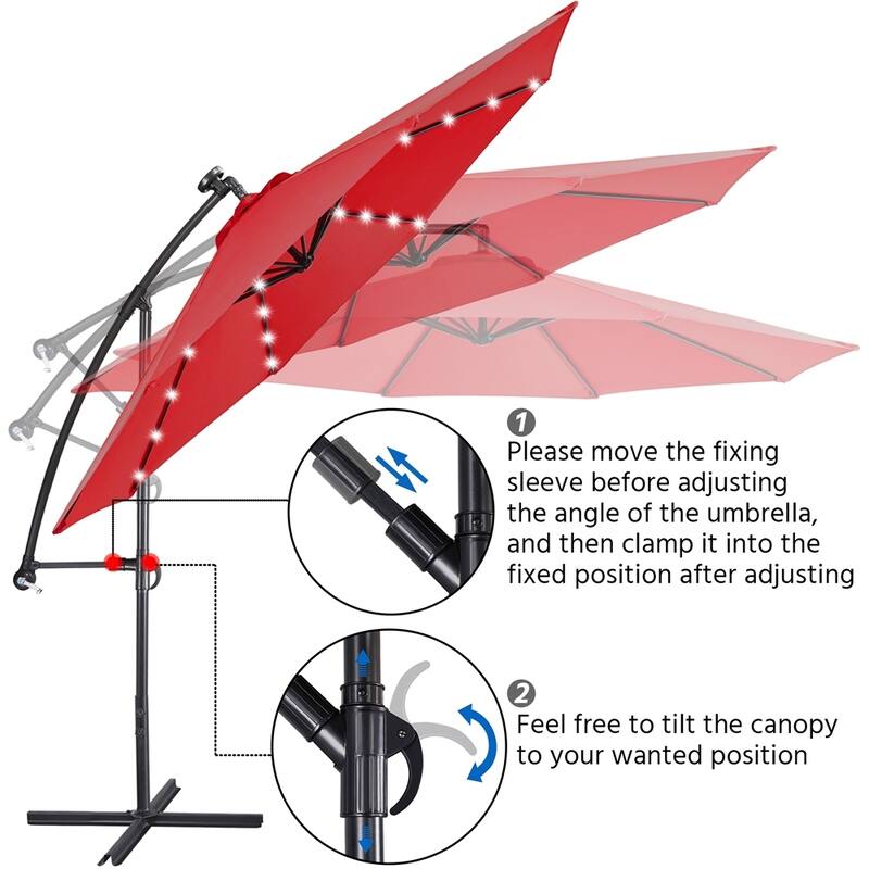 Yaheetech 10Ft Patio Offset Umbrella with 32 LED Lights Outdoor Hanging Cantilever Umbrella