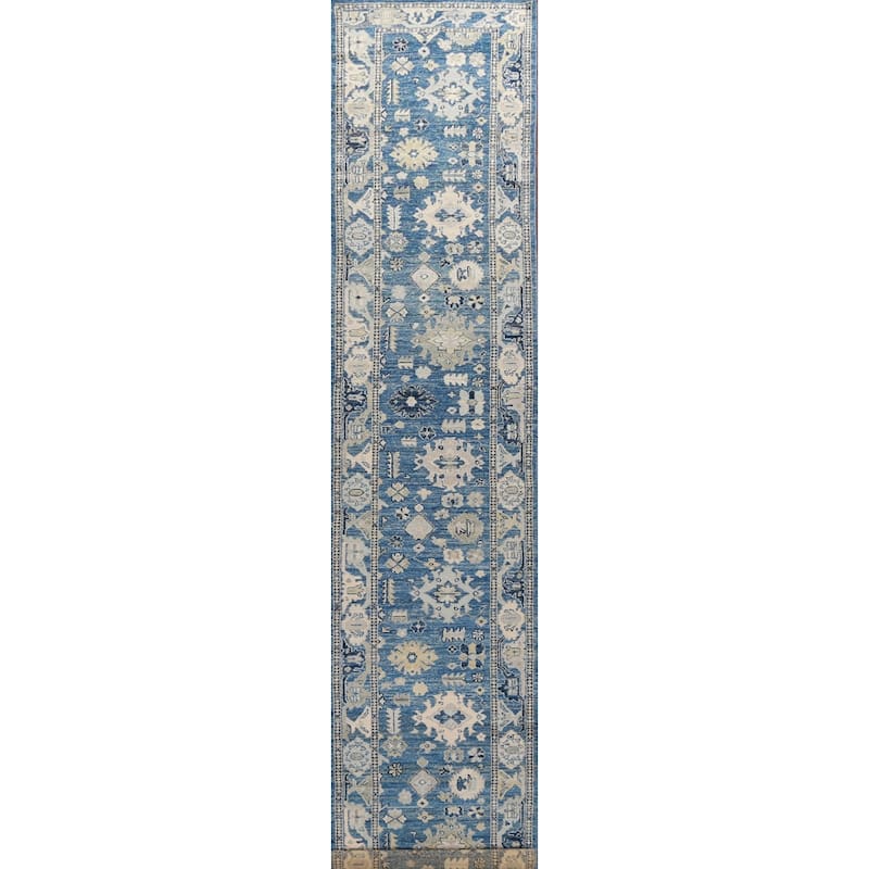 Hand Knotted Oriental 100% Wool Carpet Transitional All-Over Navy Blue & Blues Oushak Runner Rug - 19' 5'' X 2' 7''