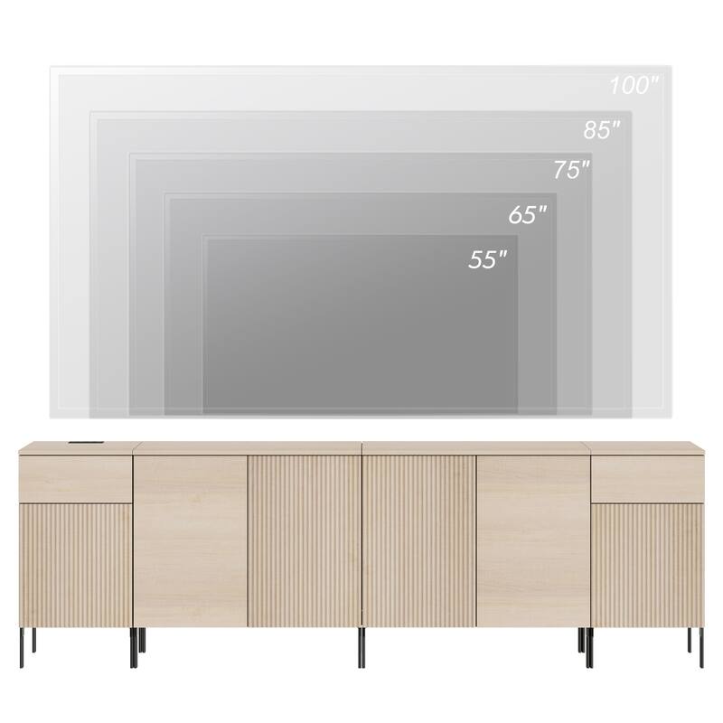 94.5" Modern Wood Reeded Dresser With Doors, Minimalist Dresser Organizer Storage With Charging Station