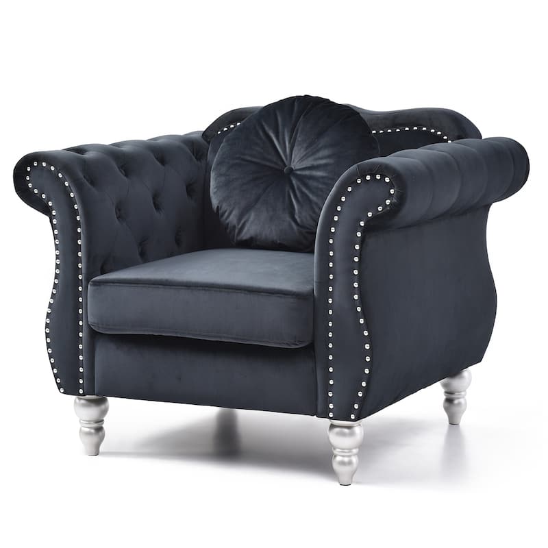 Solid Tufted Accent Chair with Round Pillow - 39" - Black