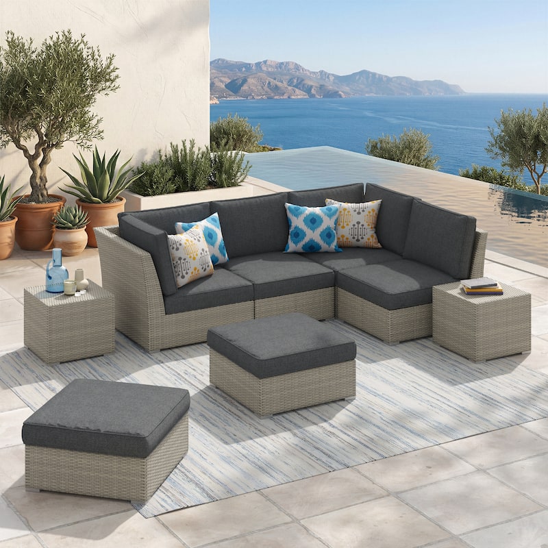 Corvus Looe 8-Piece Outdoor Sectional Set with Deep Seating, Aluminum Wicker Conversation Sofa with Ottomans