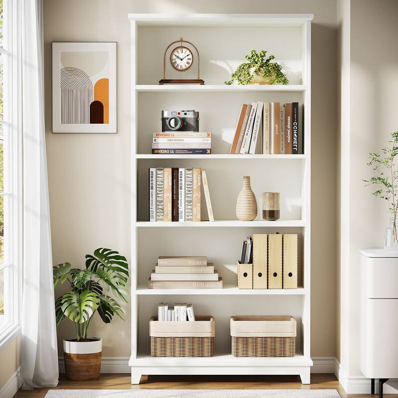 5-Tier White 70" Tall Wooden Bookshelf, Open Display Shelving - White