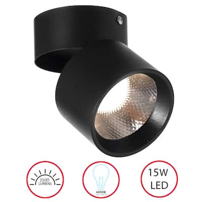 Aluminum Round LED Ceiling Spotlight Decorative Modern Adjustable Downlight, 15 Watt Cool White 4000K, Black