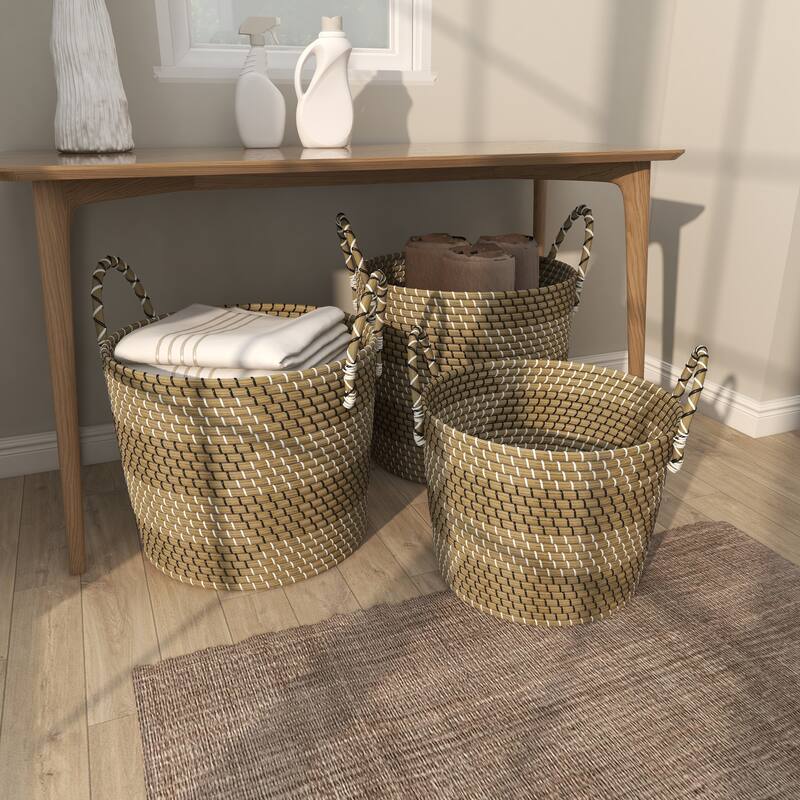 Beige Seagrass Handmade Two Toned Decorative and Functional Storage Basket with Handles (Set of 3)