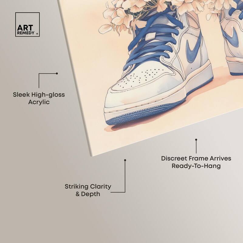 Gentle Blue Sneakers and Flowers Acrylic by Art Remedy, Ready to Hang