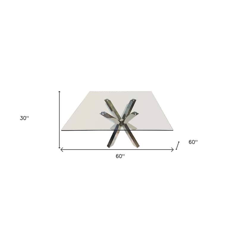 HomeRoots 60" Clear and Silver Glass and Metal Cross Leg Base Square Dining Table - 60.00 in. x 30.00 in. x 60.00 in.