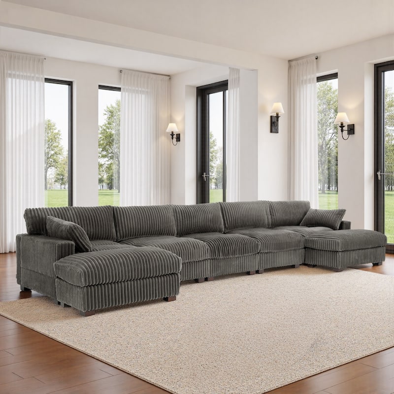 Plush Cotton Flannel Modular Sectional Sofa with 2 Ottomans - Light Grey