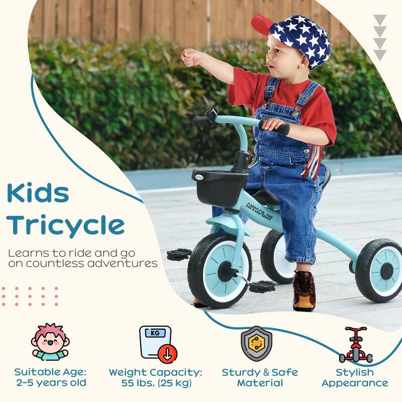 Toddler Tricycle with Adjustable Seat, Fun Bell, Basket, and EVA Wheels for Kids 2-5 Years