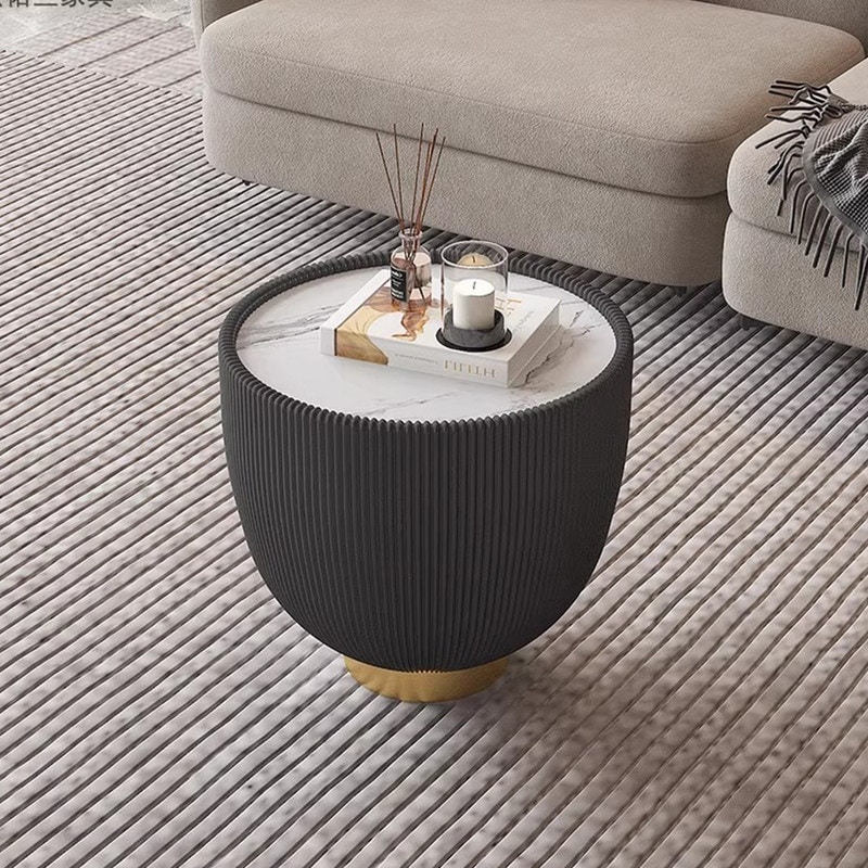 Luxurious Round Side Table - Sintered Stone Pattern Tabletop with Leather Border and Metal Base