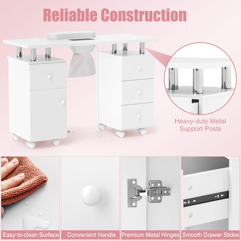 Costway Rolling Manicure Table Nail Desk with with 8 Lockable Wheels & - See Details