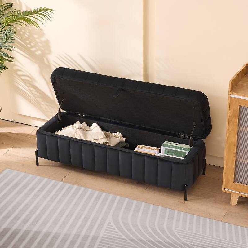 49.21" Upholstered Velvet Storage Bench with Metal Legs for Bedroom - Black