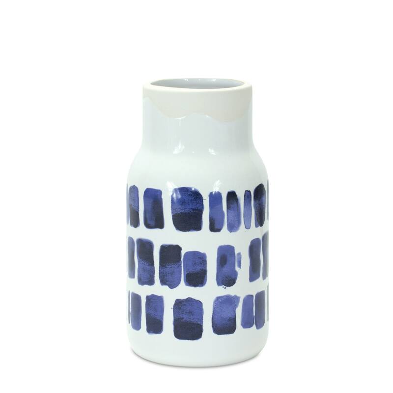 Abstract Two-Tone Ceramic Vases - 10" - White and Blue - Set of 2