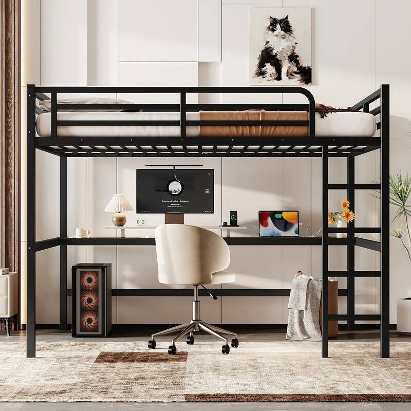 Metal Queen Size Loft Bed with Power Outlet and LED Lighted - Black - Queen