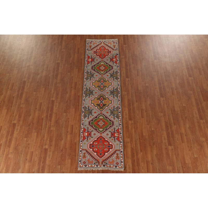 Geometric Green Kazak Indian Runner Rug Handmade Wool Carpet - 2'7"x 9'1"