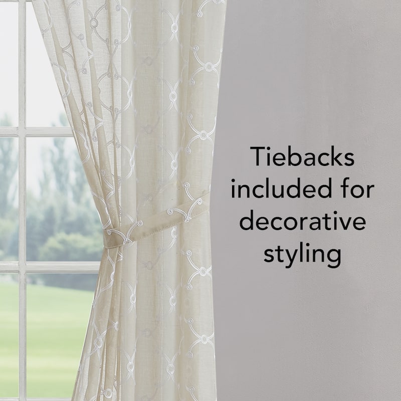 Creative Home Ideas Selena Embroidered Sheer Rod Pocket Window Curtain Panel Pair with Tiebacks