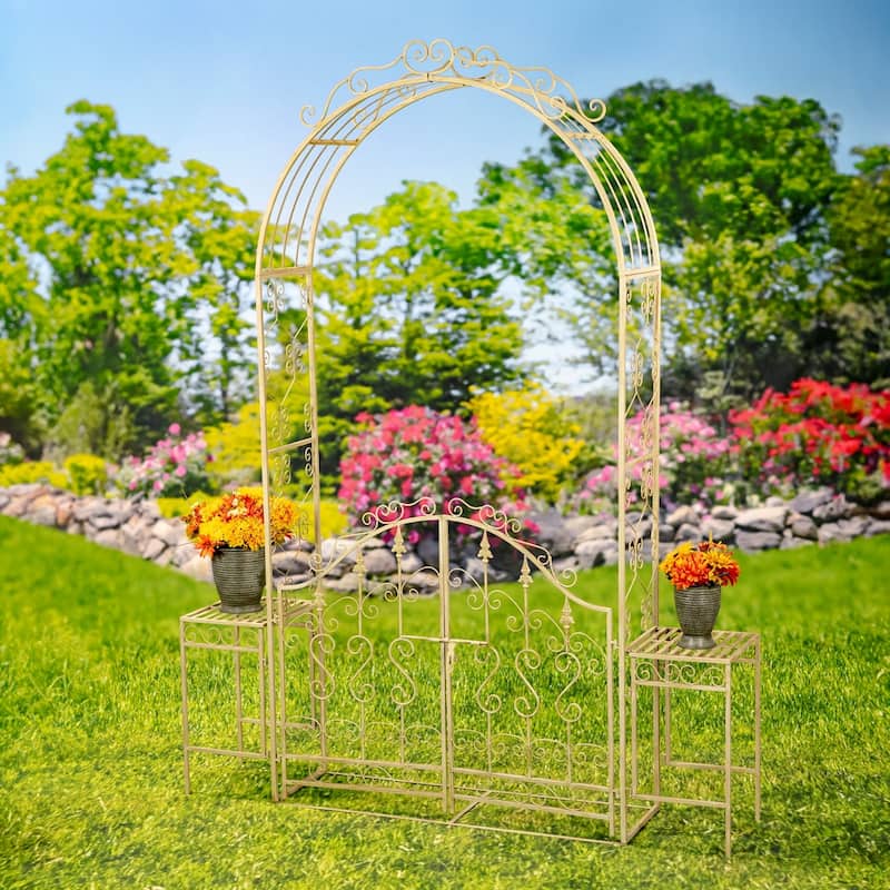 96 Inch Tall Iron Garden Gate Arch with Plant Stands - Iron - antique white - Large