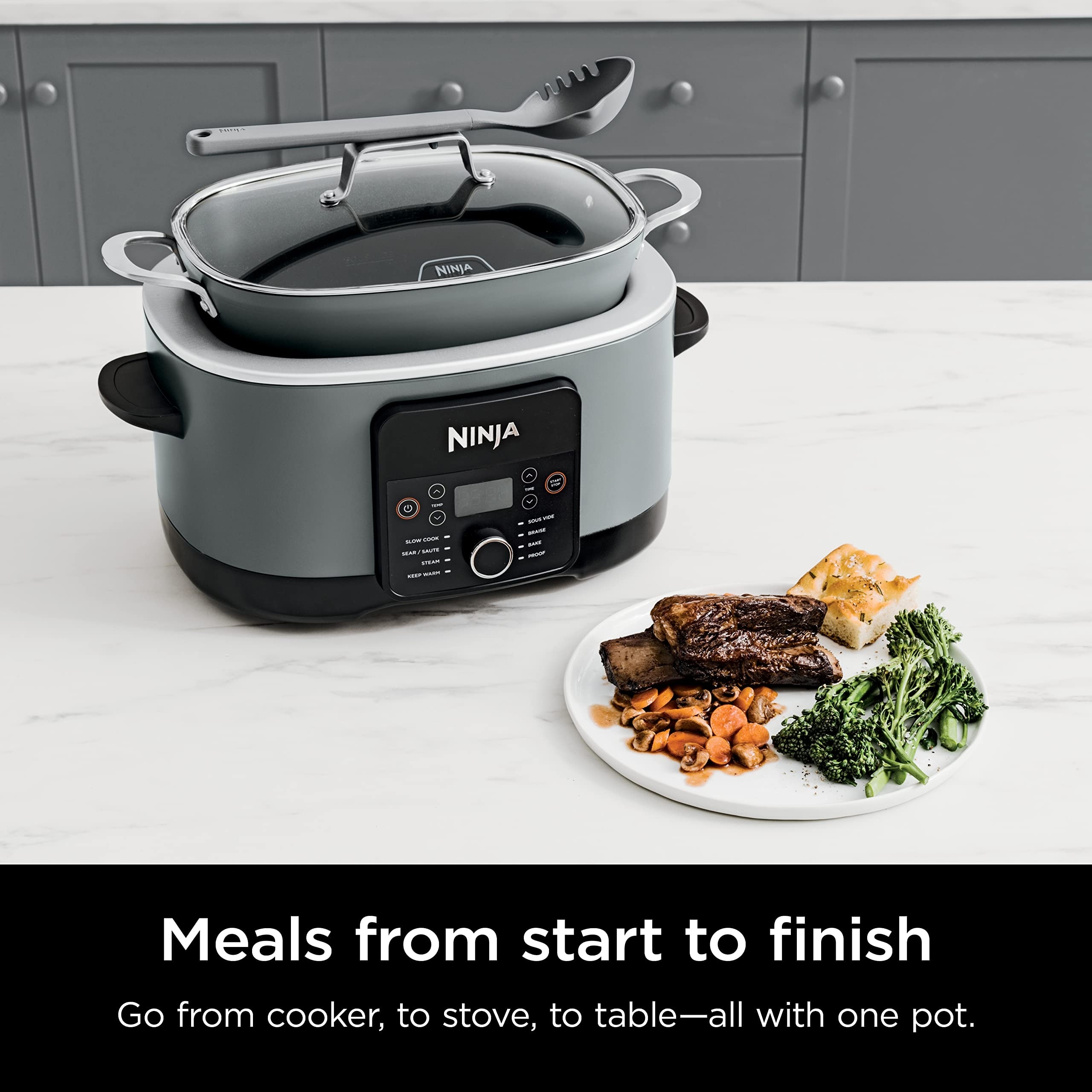 8.5 Quart Multi Cooker with 8 in 1 Slow Cooker Dutch Oven Steamer Glass Lid Integrated Spoon Oven Safe Pot to 500 F Sea Salt Grey