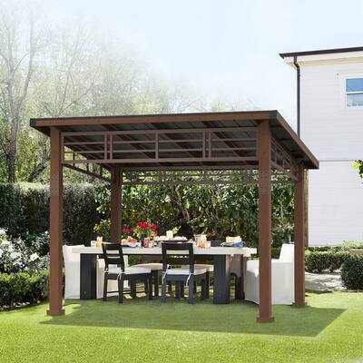 LUE BONA Outdoor Wooden Hardtop Metal Roof Gazebo Patio Pergola With Curtain For Backyard