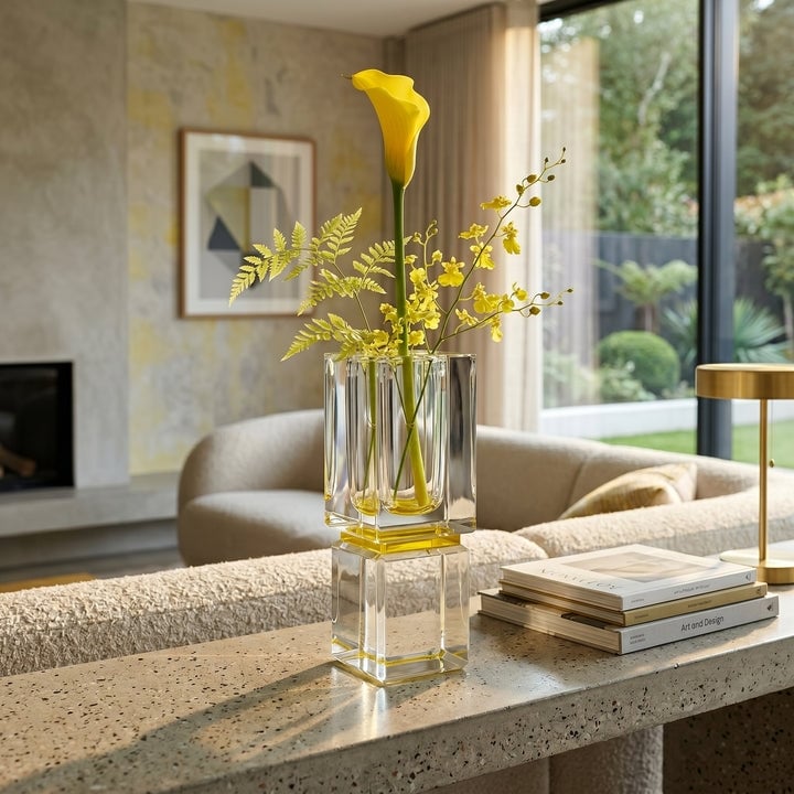 Block Vase with Reflection on Base, 2.75" x 2.75" x 7"H