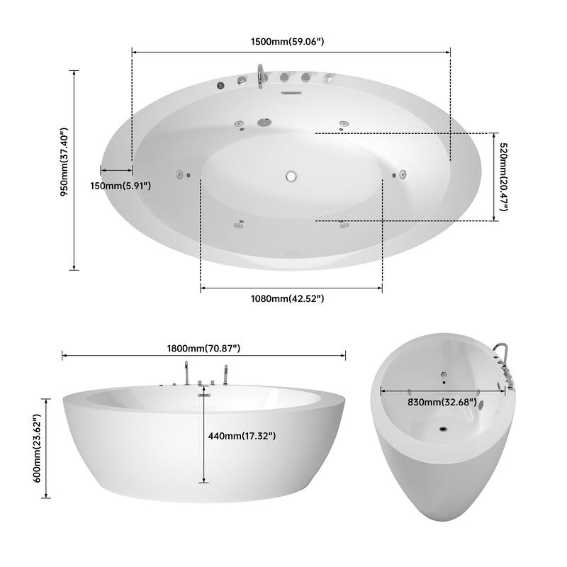 71 in. Freestanding Acrylic Whirlpool Bathtub with 6 Jets, Chromatherapy LED Lighting, 4-Hole Faucet Kit, Center Drain