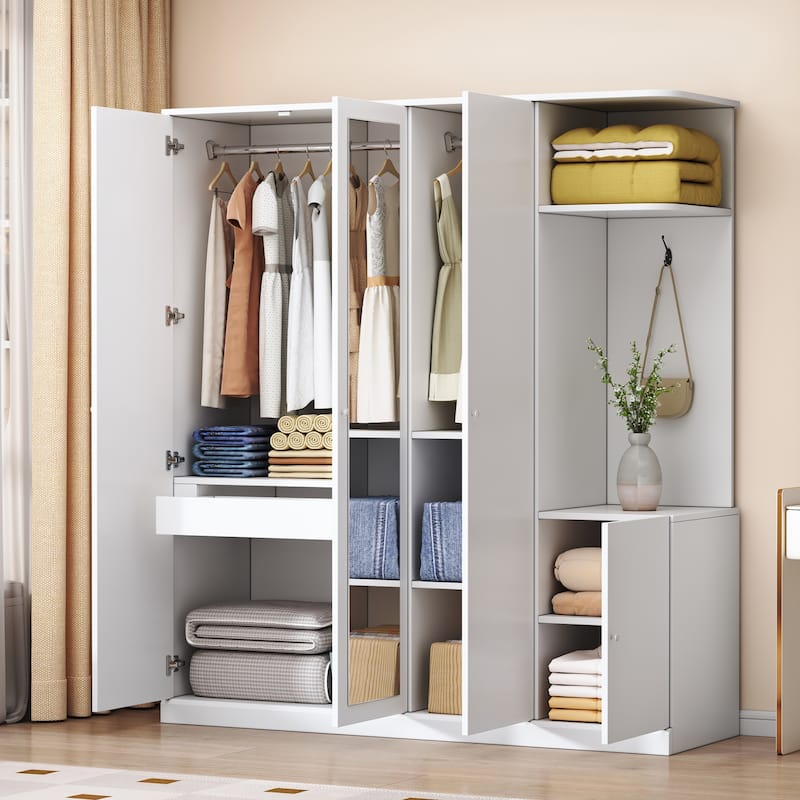 Roomfitters 4-Door Wardrobe with Full-Length Mirror, Storage Drawers and Adjustable Shelves