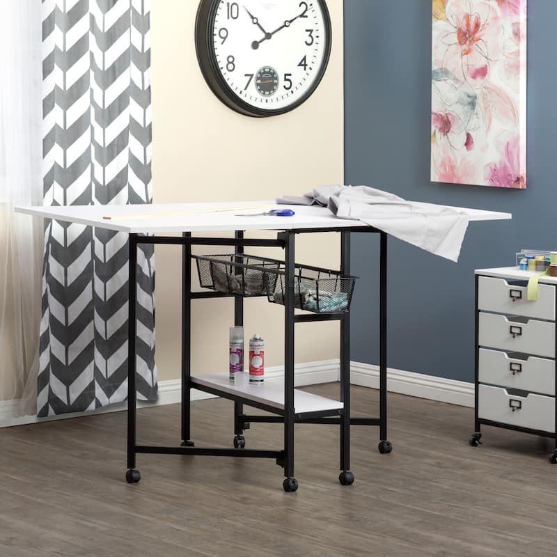 Sew Ready Standing Height (36" H) Mobile Folding Expandable Fabric and Die Cutting Table with Craft Storage- Charcoal / White