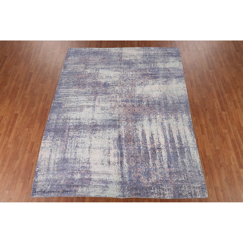 Contemporary Abstract Area Rug Handmade Blue Wool Carpet - 8'0" X 10'2"