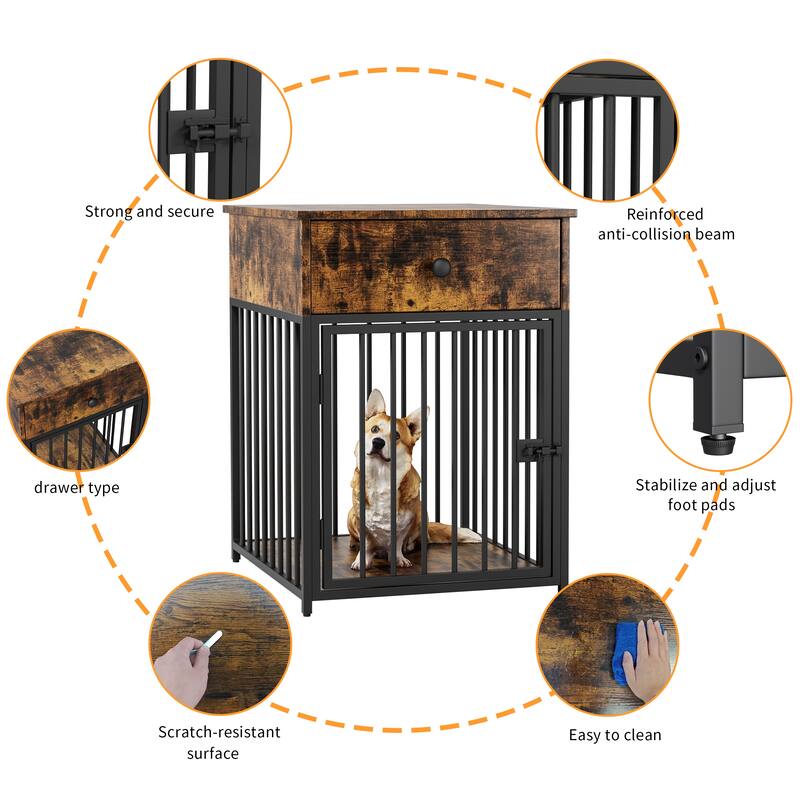 Dog Crate Furniture, Dog House, Decorative Dog Kennel with Drawer, Indoor Pet Crate End Table for Small Dog, Iron-Tube Dog Cage