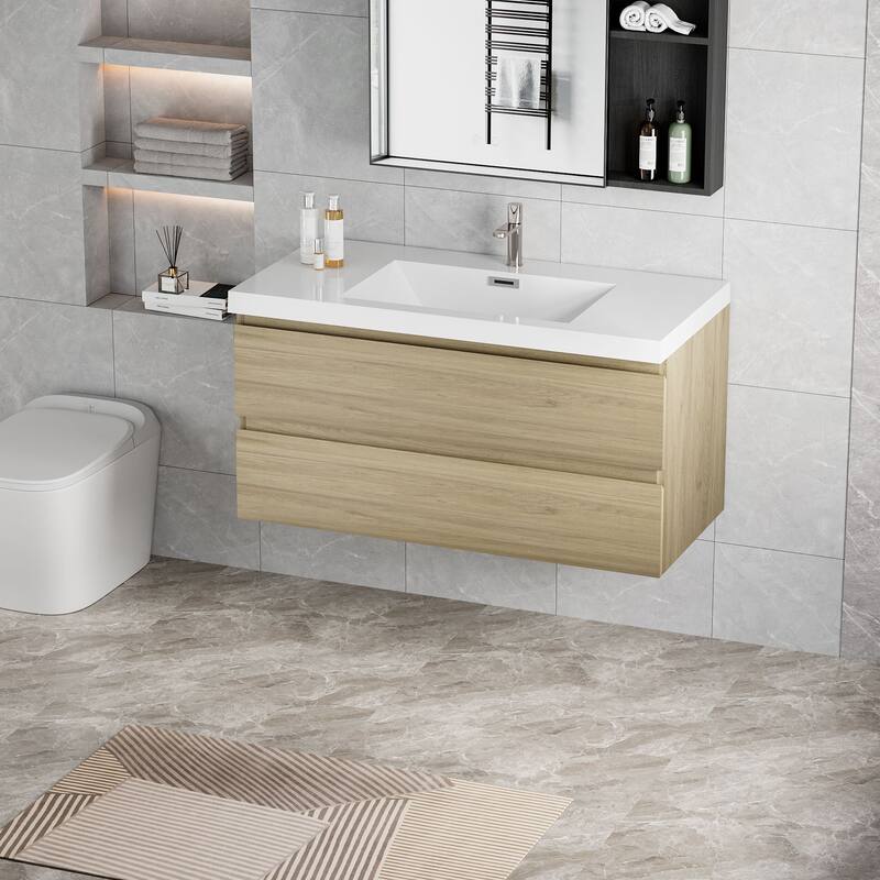 42" Floating Bathroom Vanity with Sink - Ash Grey Wall-Mounted Cabinet, Resin Countertop, Soft-Close Drawers