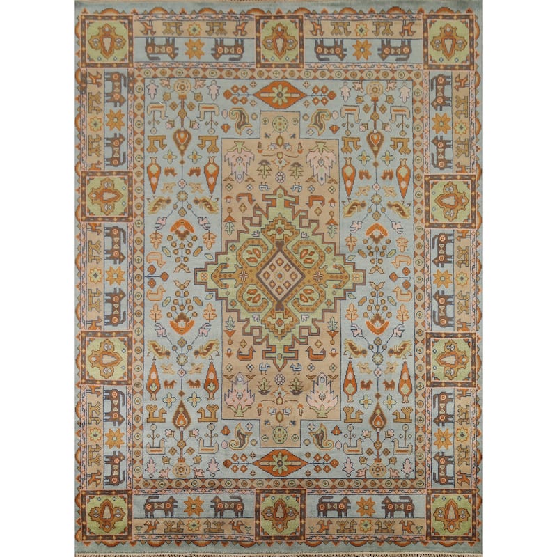 Light Blue Tribal Kazak Oriental Area Rug Handmade Wool Carpet - 8'3"x 9'11"