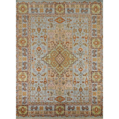 Light Blue Tribal Kazak Oriental Area Rug Handmade Wool Carpet - 8'3"x 9'11"